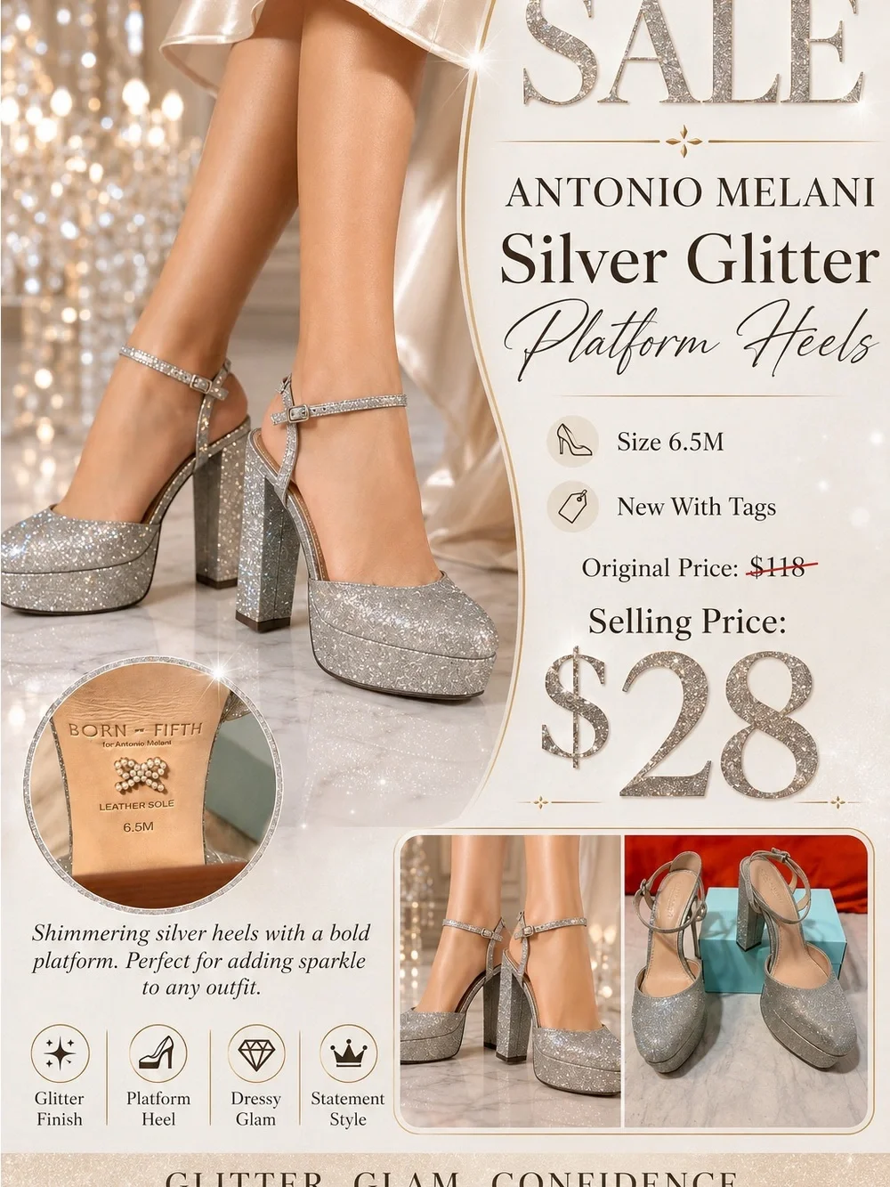 ANTONIO MELANI Silver Glitter Platform Ankle-Strap Heels